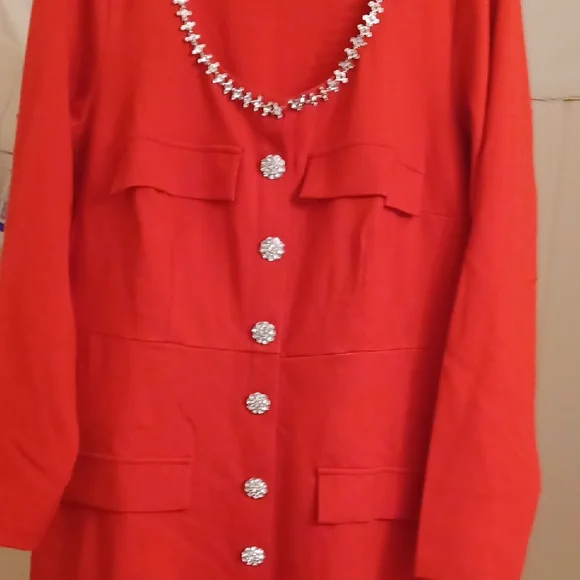 Eloquii Red Long Sleeve Dress with Embellished Neckline - Picture 2 of 10